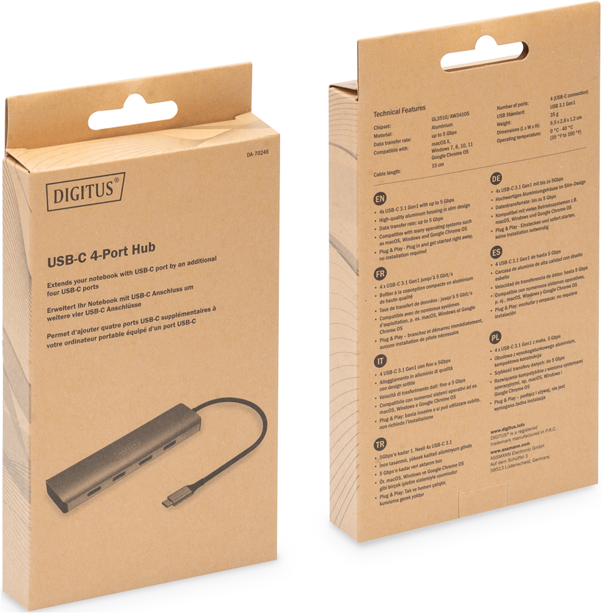 Silberner USB-C 4-Port Hub mit schwarzem Kabel, auf braunem Karton