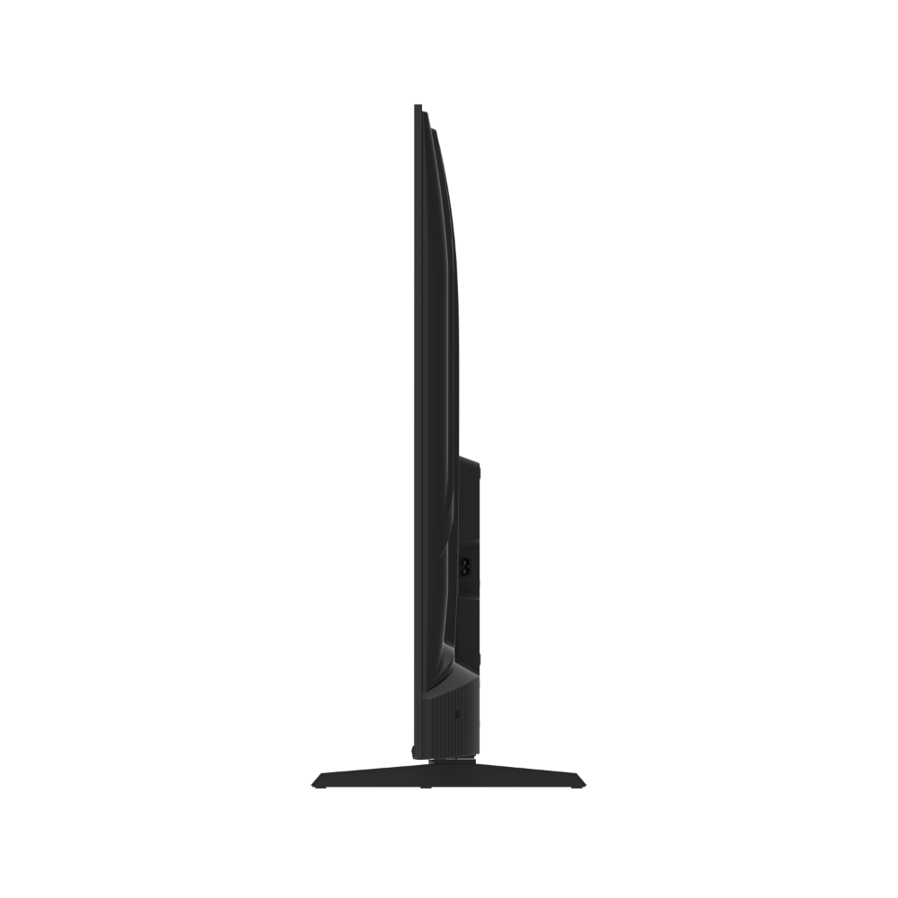 Un televisor negro sobre un soporte, visto de lado.