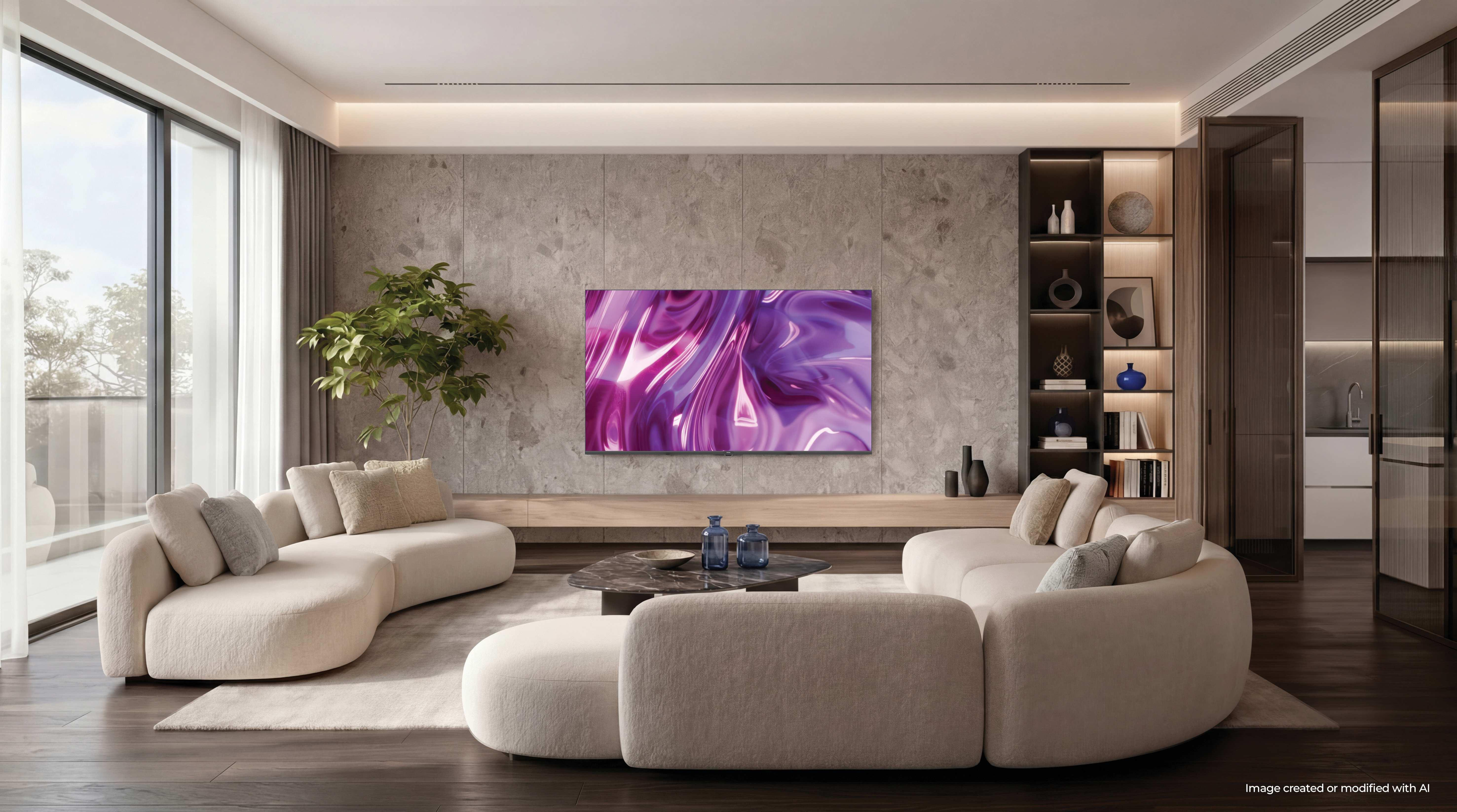 Sala de estar moderna con sofás beige, mesa de centro y TV mostrando arte abstracto.