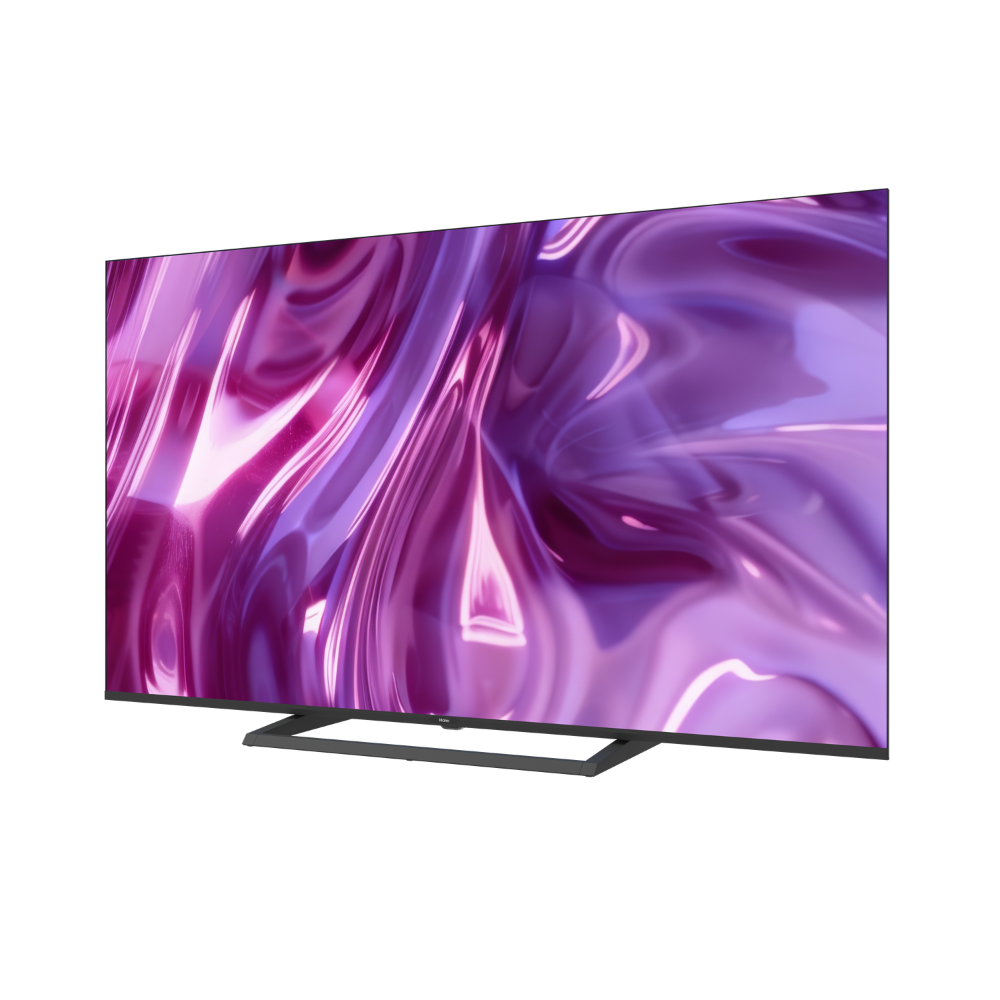 Televisor moderno que muestra un patrón abstracto morado en pantalla.