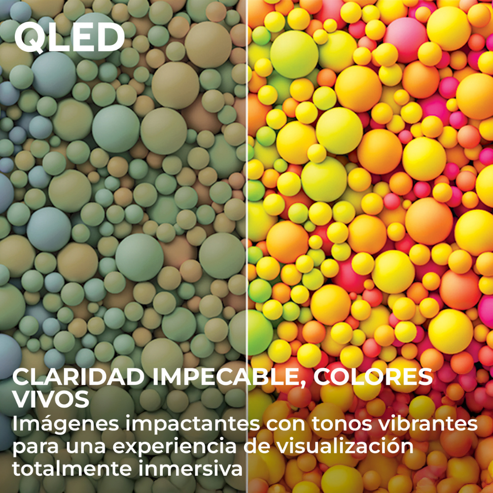 Logo QLED sobre esferas verdes y marrones junto a esferas coloridas.