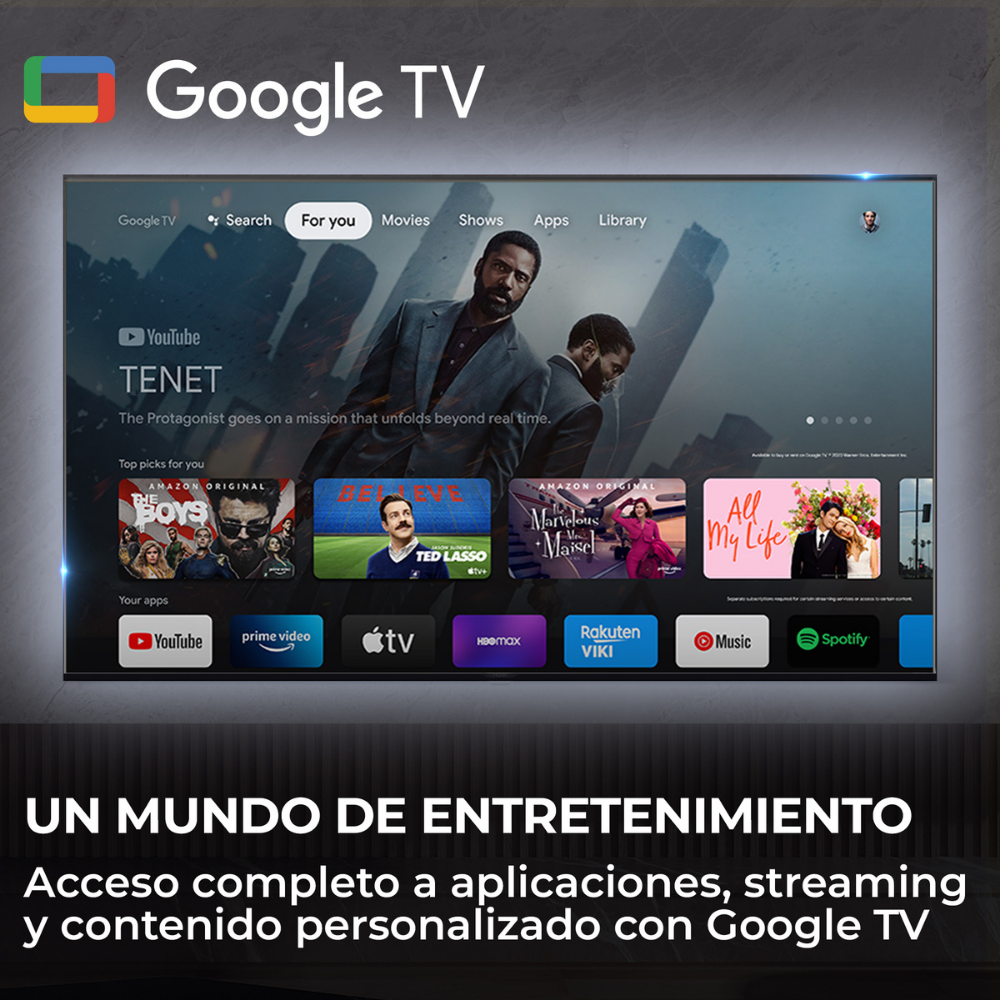Interfaz de Google TV mostrando películas como Tenet, The Boys y Ted Lasso.