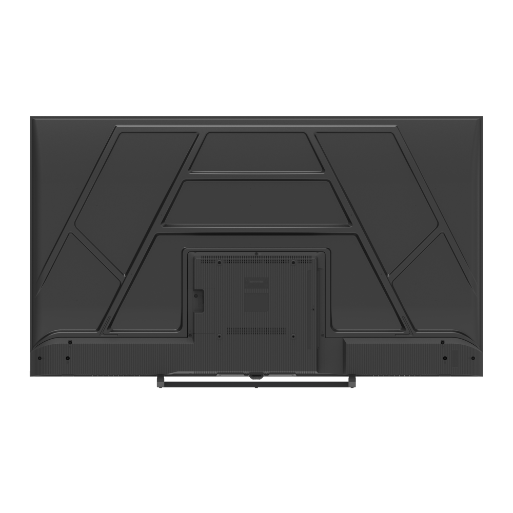 Vista trasera de un televisor negro con superficie texturizada y ranuras de ventilación.