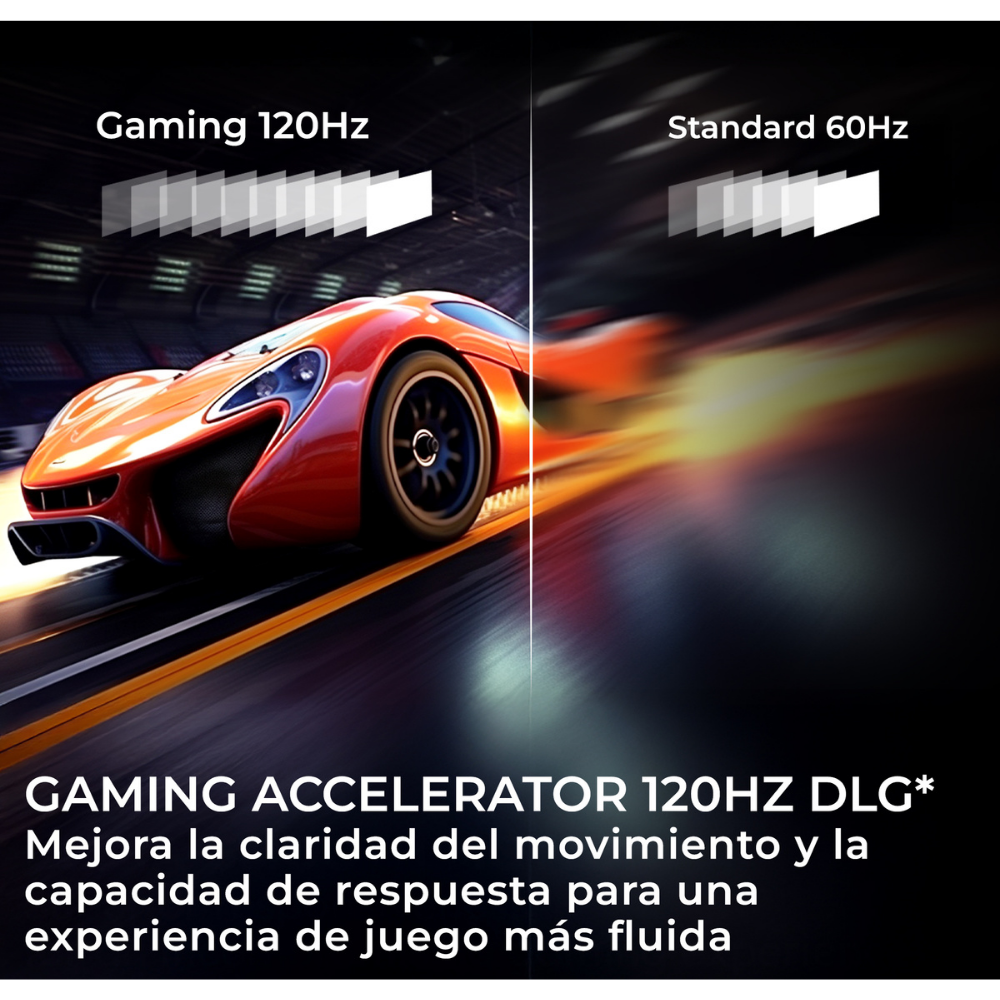 Un coche de carreras rojo pasa rápido, comparando 120Hz con 60Hz.