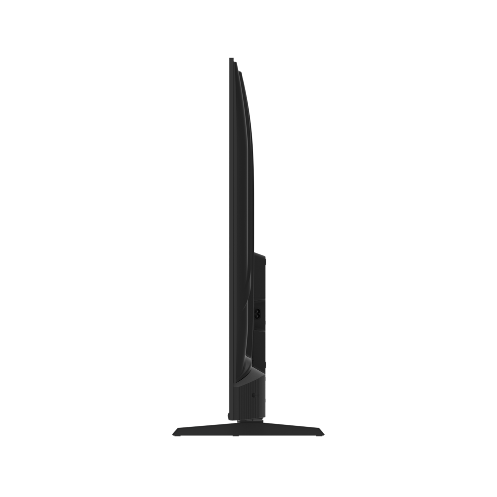 Un televisor negro está sobre un soporte, visto de lado.