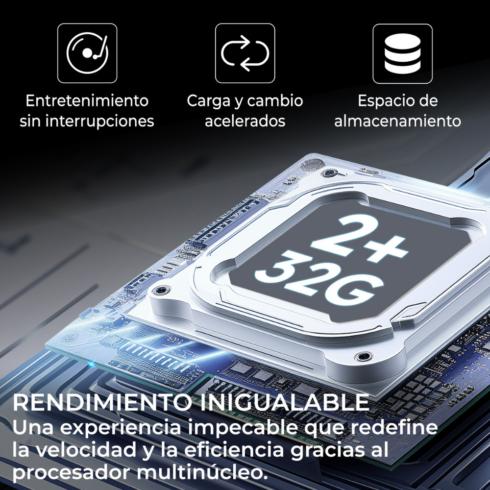 Primer plano de un chip de computadora con etiqueta 2+ 32G y texto sobre rendimiento.