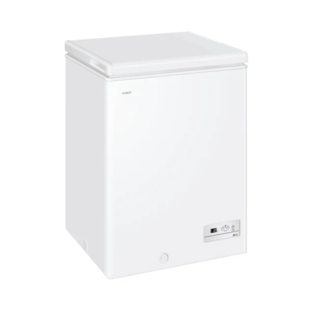 Un congelador horizontal blanco con forma rectangular y tapa.