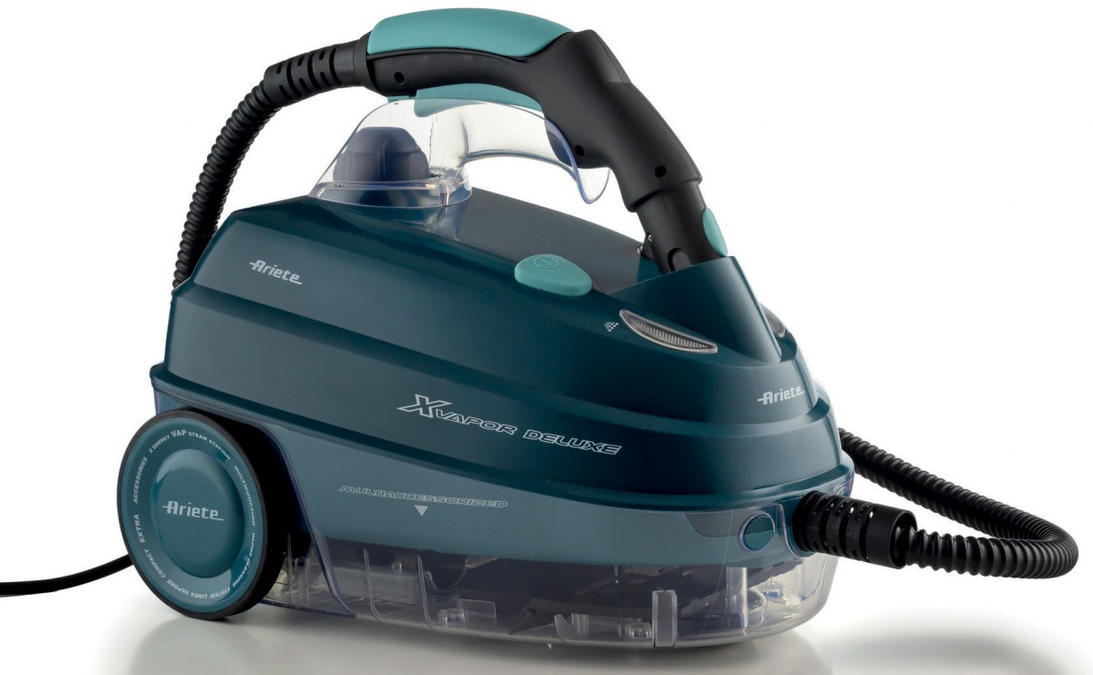 Turkusowy parownica z wężem i rączką. Napis 'X VAPOR DELUXE'.