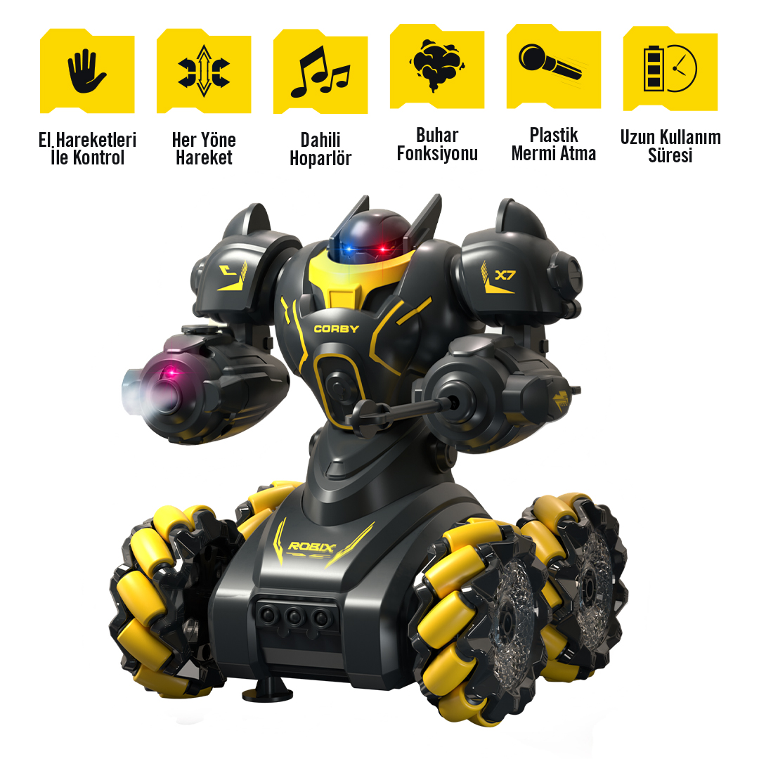 Sarı aksanları ve tekerlekleri olan siyah bir robot, beyaz arka planda duruyor.