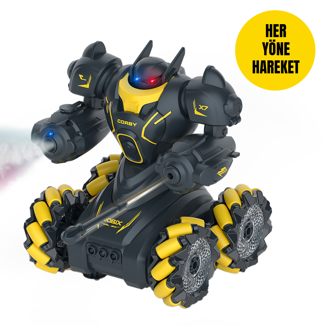 Hareket halinde, sarı vurgulara ve tekerleklere sahip siyah uzaktan kumandalı robot.