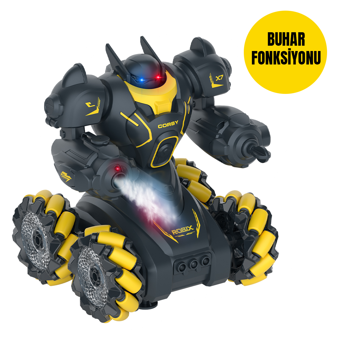 Kolundan duman çıkan siyah ve sarı uzaktan kumandalı robot.