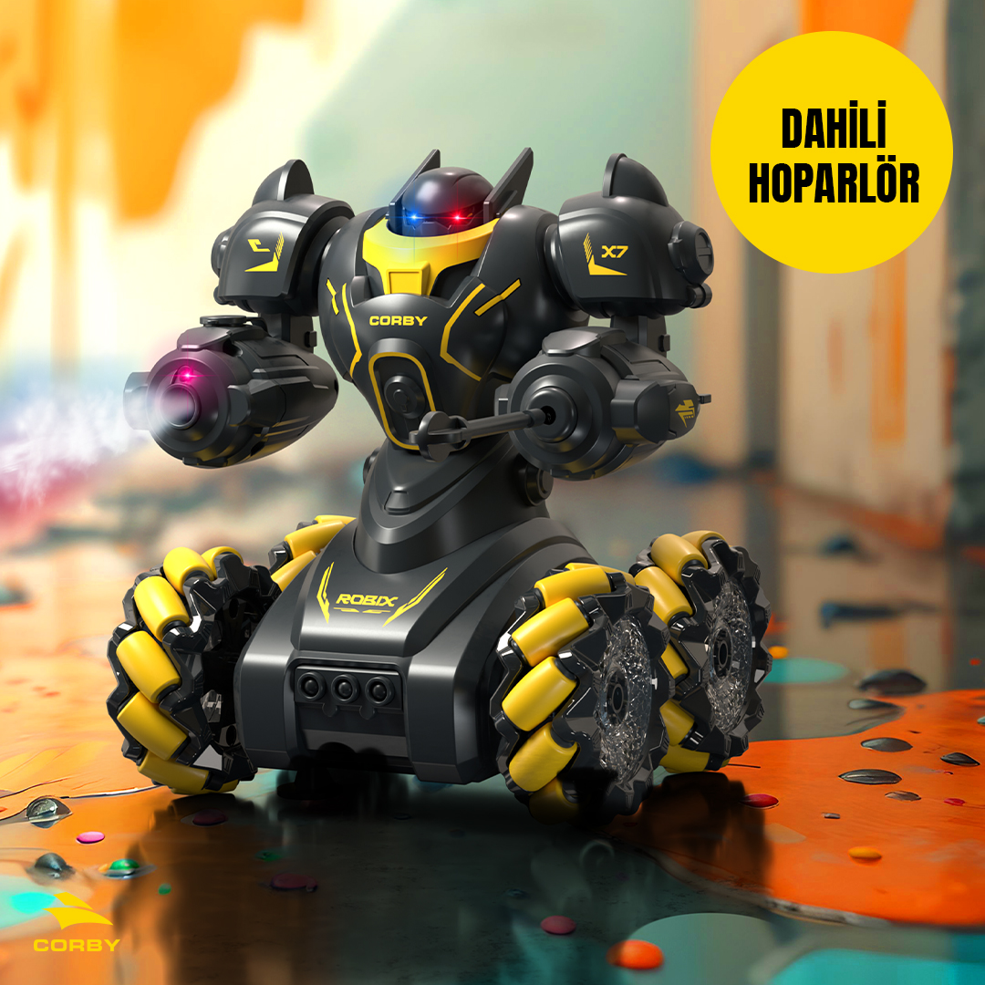 Parlayan gözleri ve sisi olan siyah ve sarı tekerlekli robot.