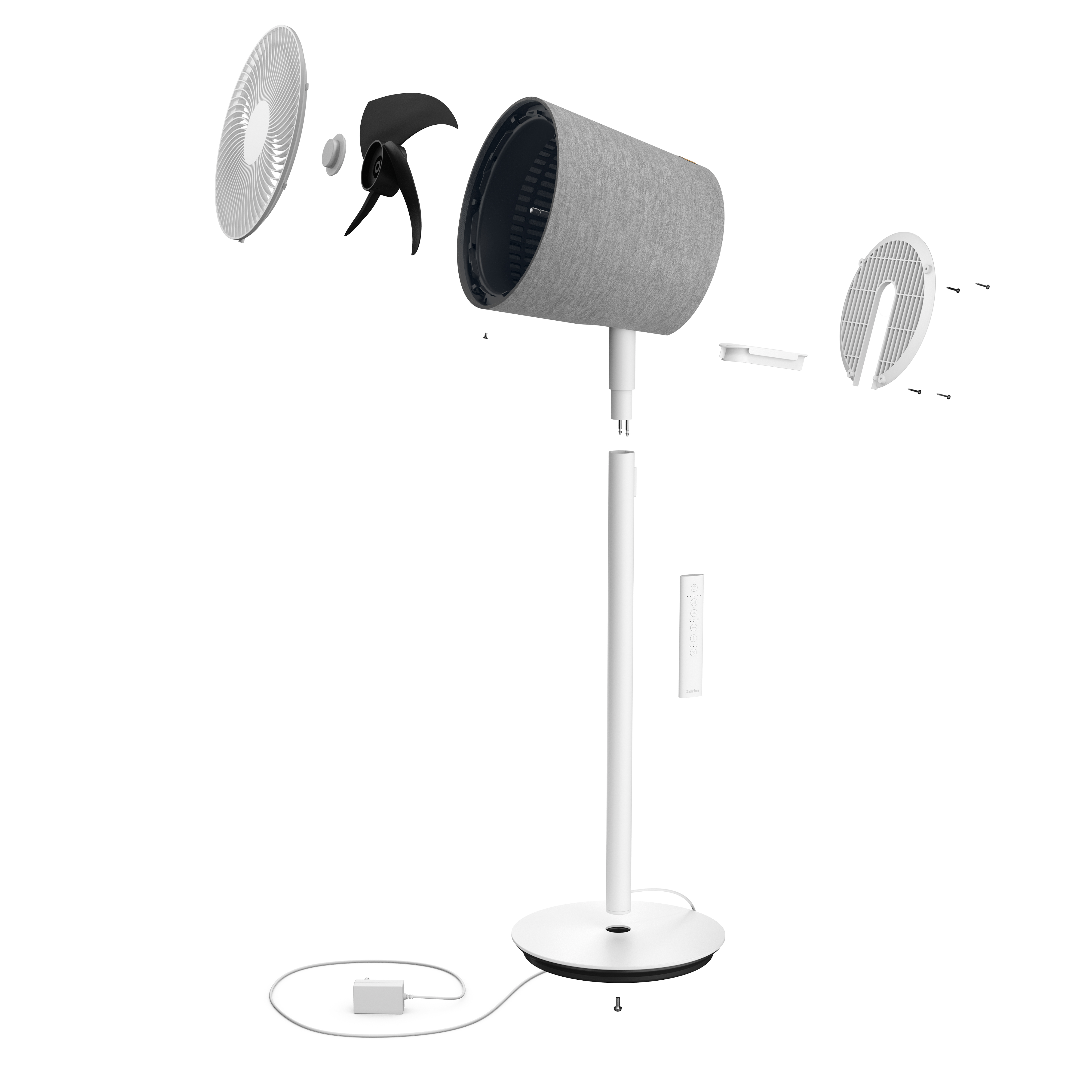 Explodierte Ansicht eines weißen Ventilators mit grauer Hülle und Fernbedienung.