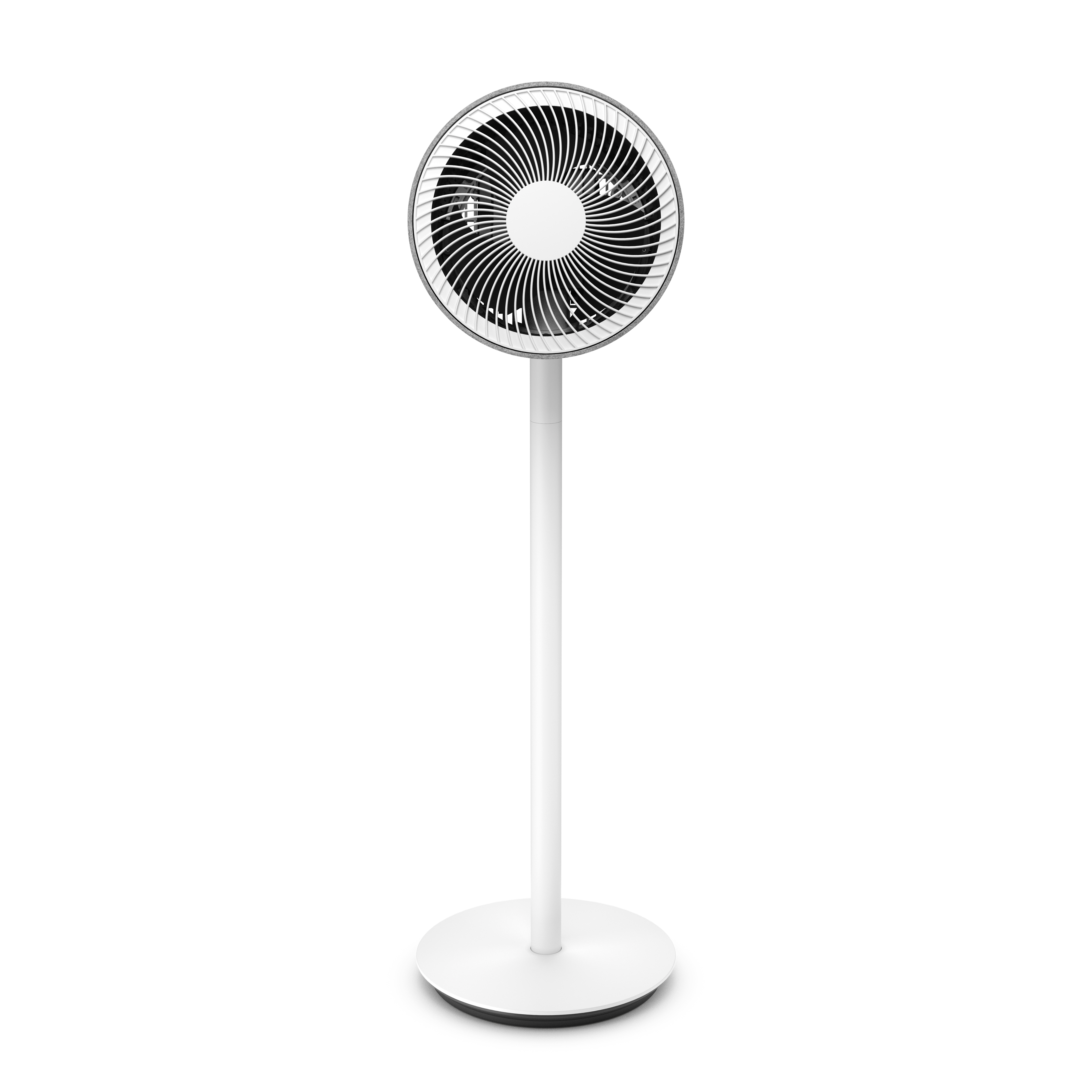 Ein weißer Standventilator mit rundem Fuß und einem schmalen Sockel.