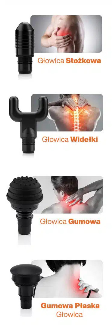 Czarna głowica masująca o stożkowatym kształcie, obok mężczyzny z bólem ramienia.