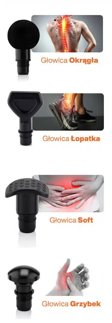 Czarna głowica masująca i grafika pleców z punktami bólu.