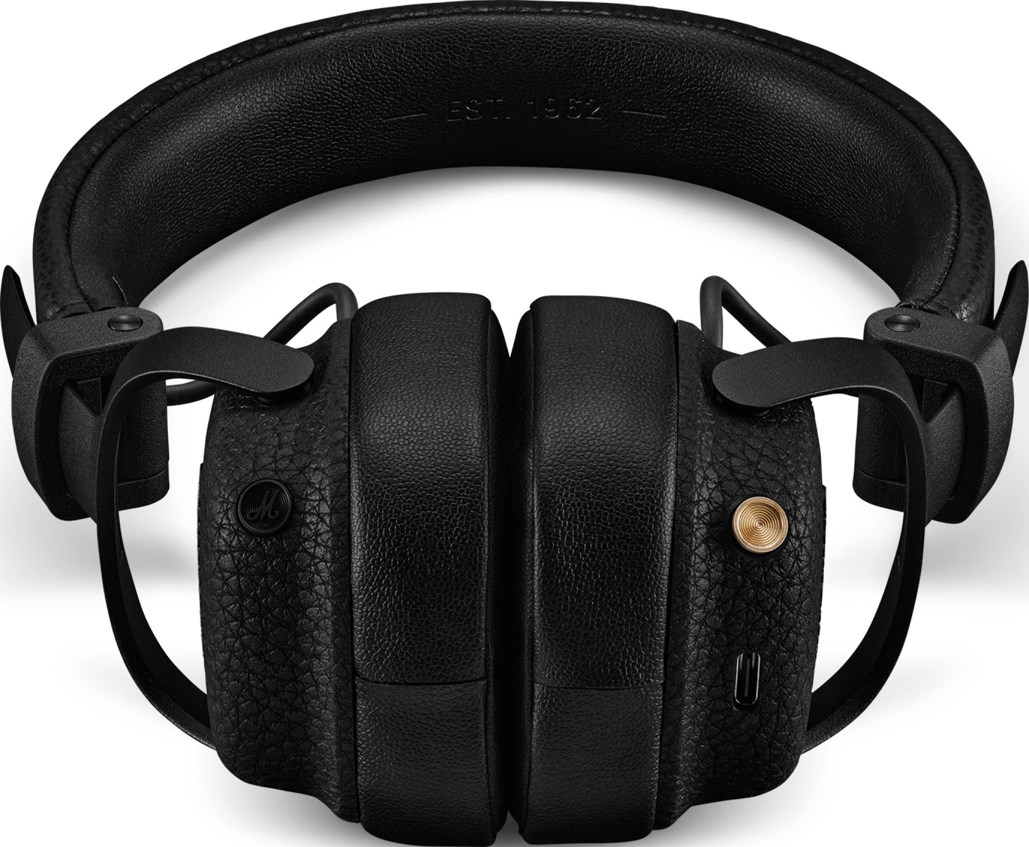 Schwarze Kopfhörer mit Lederstruktur, goldenem Knopf und USB-Anschluss.