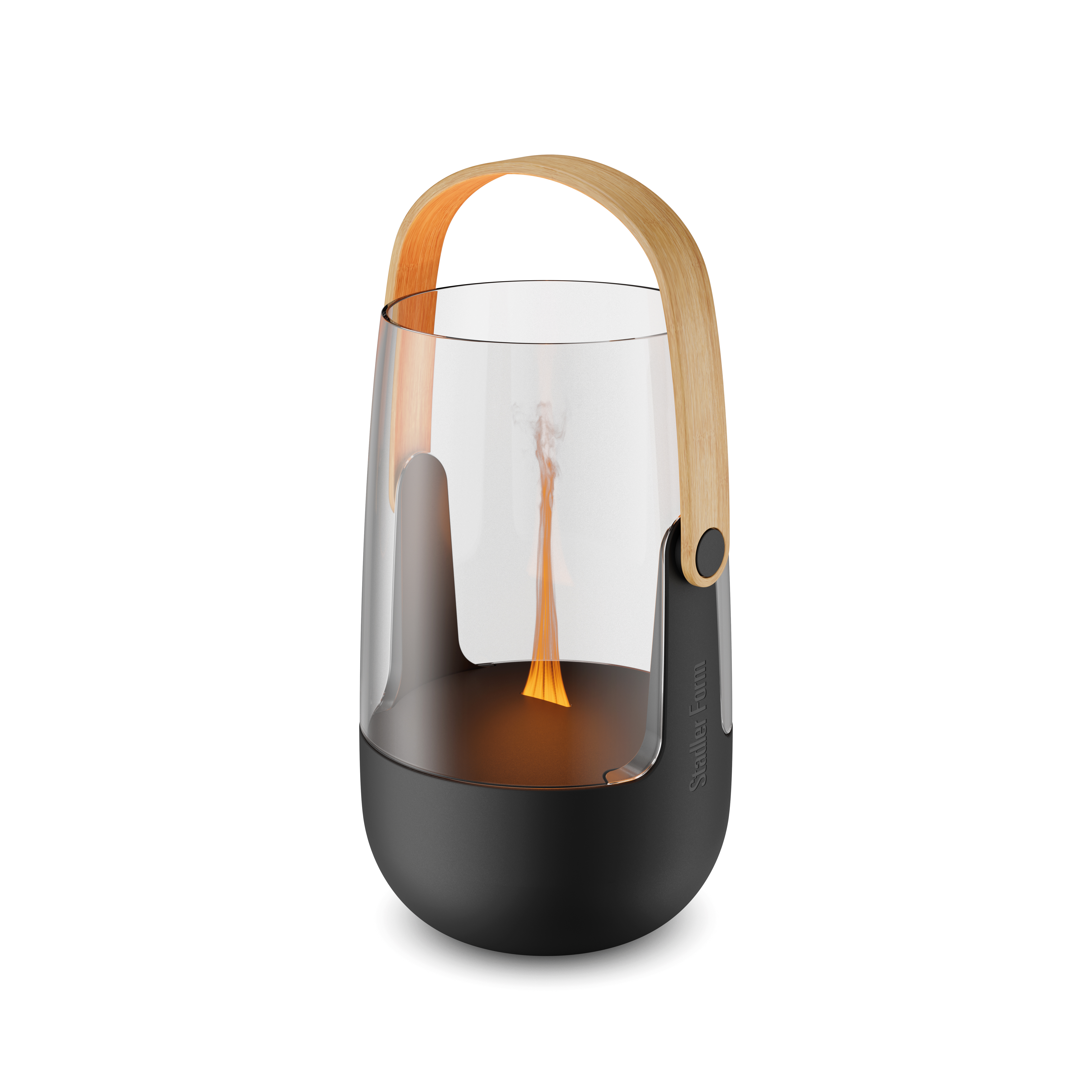 Schwarze Lampe mit Glaszylinder, Holzgriff und Flamme.