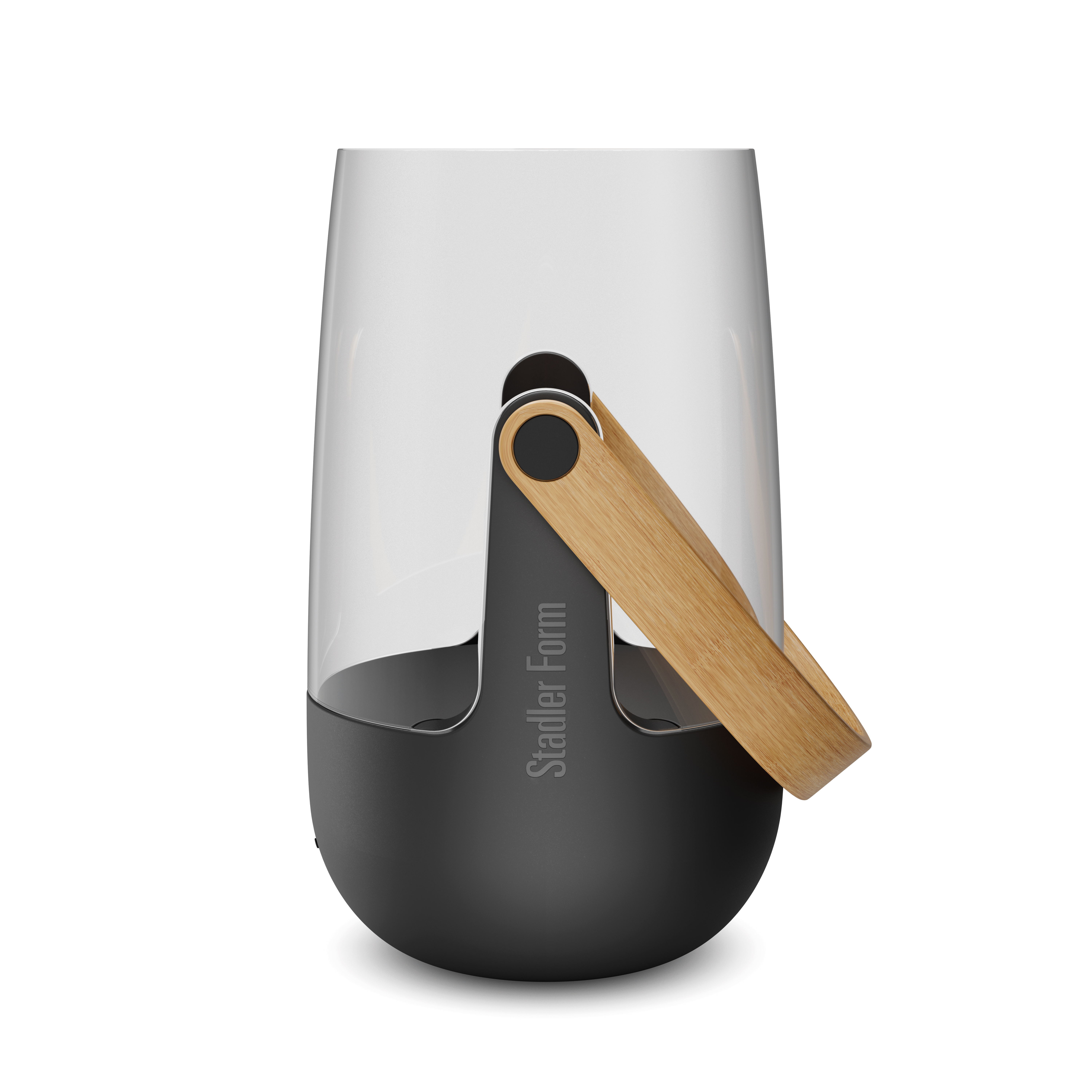 Ein Laternenähnliches Objekt mit schwarzem Sockel, Glas und Holzgriff.