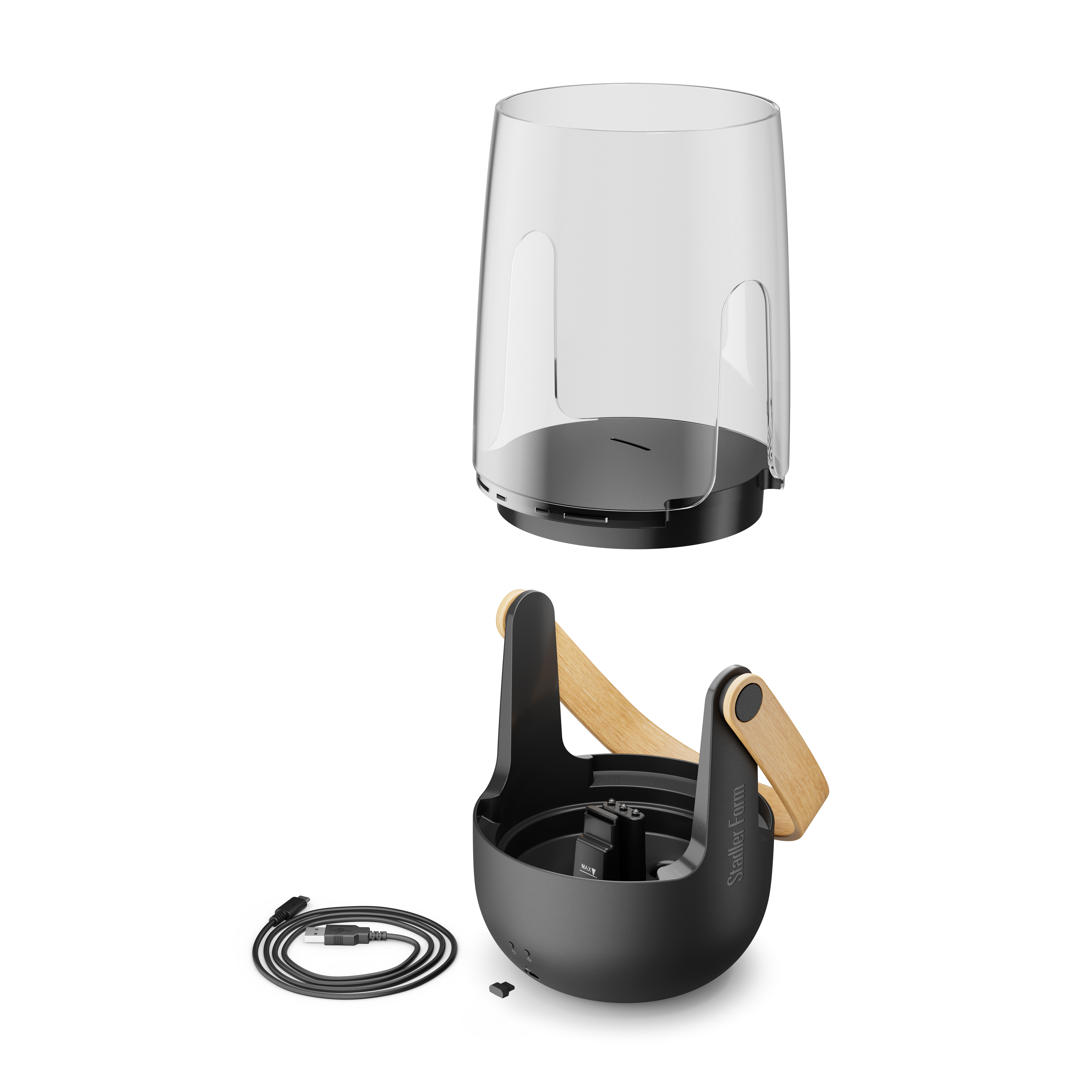 Ein schwarzer Gerätesockel mit Holzgriffen, ein USB-Kabel und ein transparenter Zylinder.