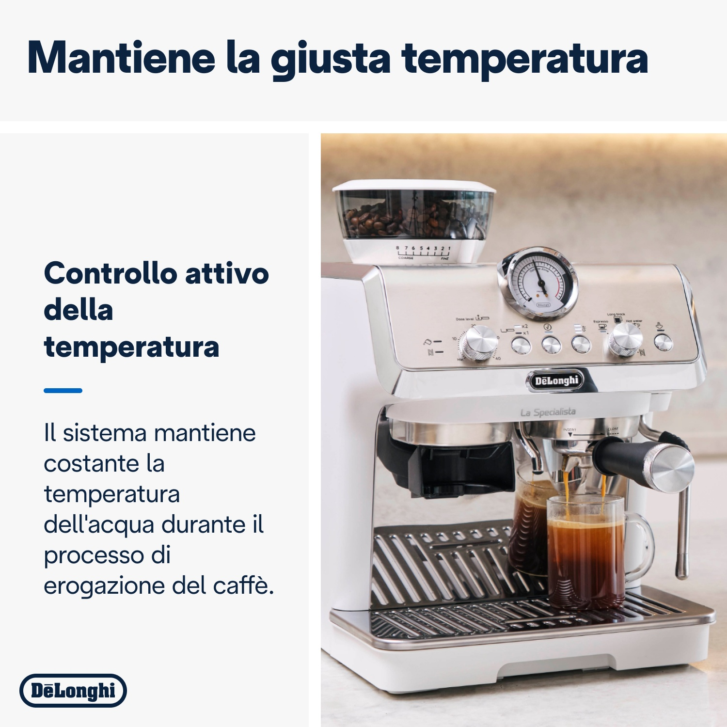 Una macchina per espresso DeLonghi bianca prepara il caffè in una tazza di vetro.