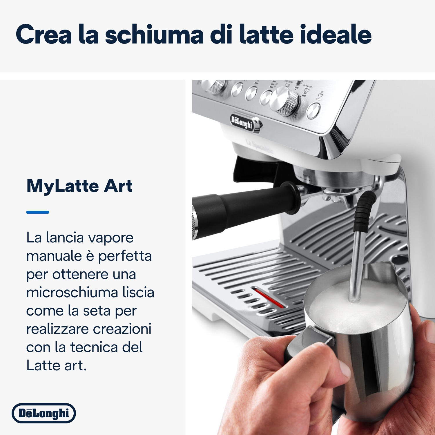 Una mano monta il latte in una caraffa metallica con macchina da caffè sullo sfondo.