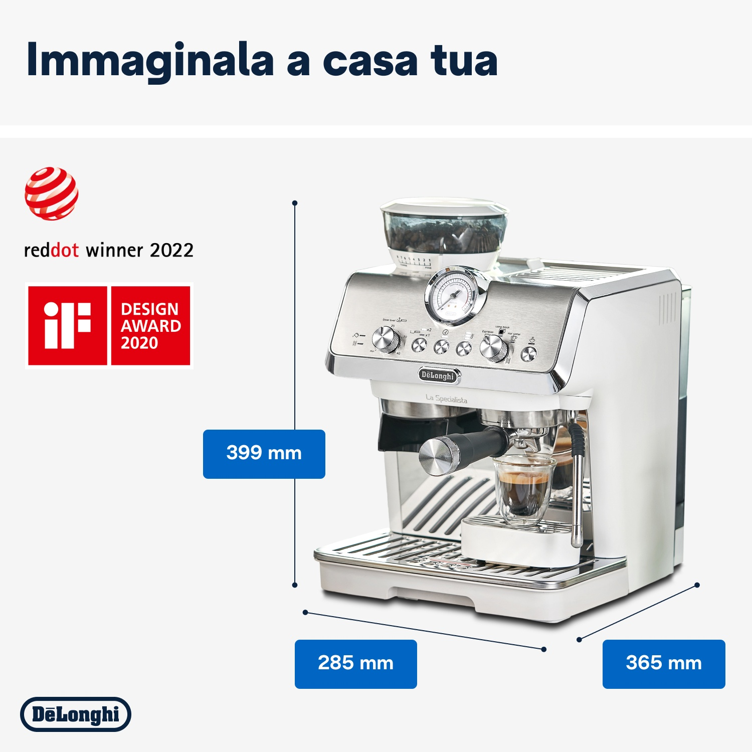 Una macchina per caffè espresso DeLonghi bianca con tramoggia, controlli e un espresso.