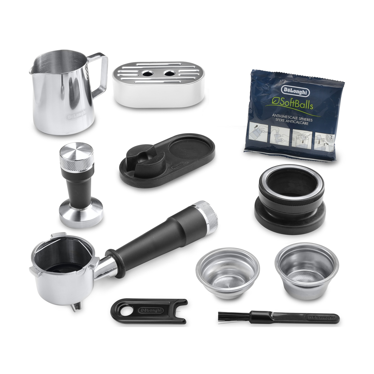 Accessori macchina espresso: caraffa, pressino, portafiltro, filtri, spazzolino, decalcificante.