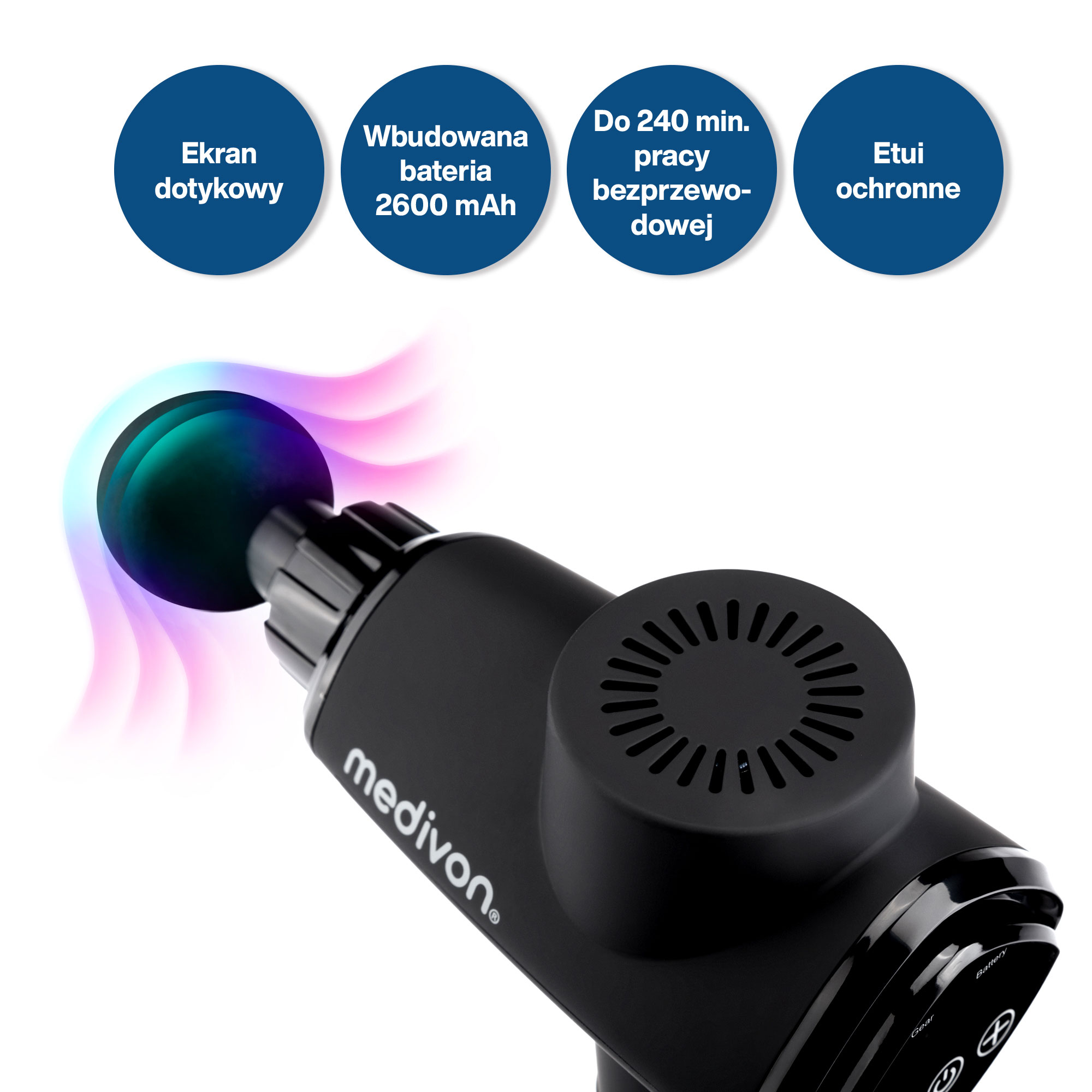 Czarny pistolet do masażu z ekranem dotykowym, baterią 2600 mAh, 240 min.