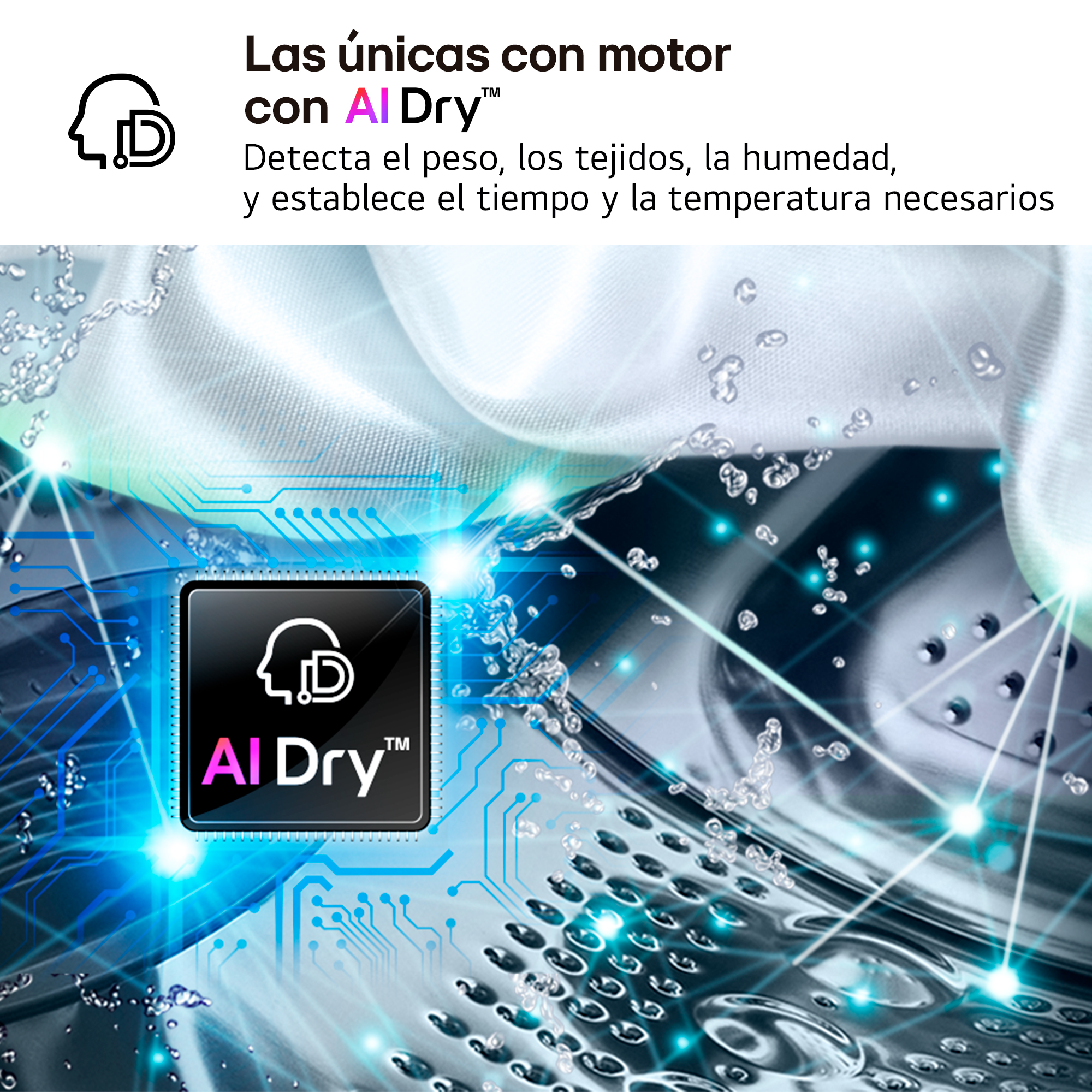 Las únicas con motor con AI Dry™. Detecta el peso, los tejidos, la humedad, y establece el tiempo y la temperatura necesarios
