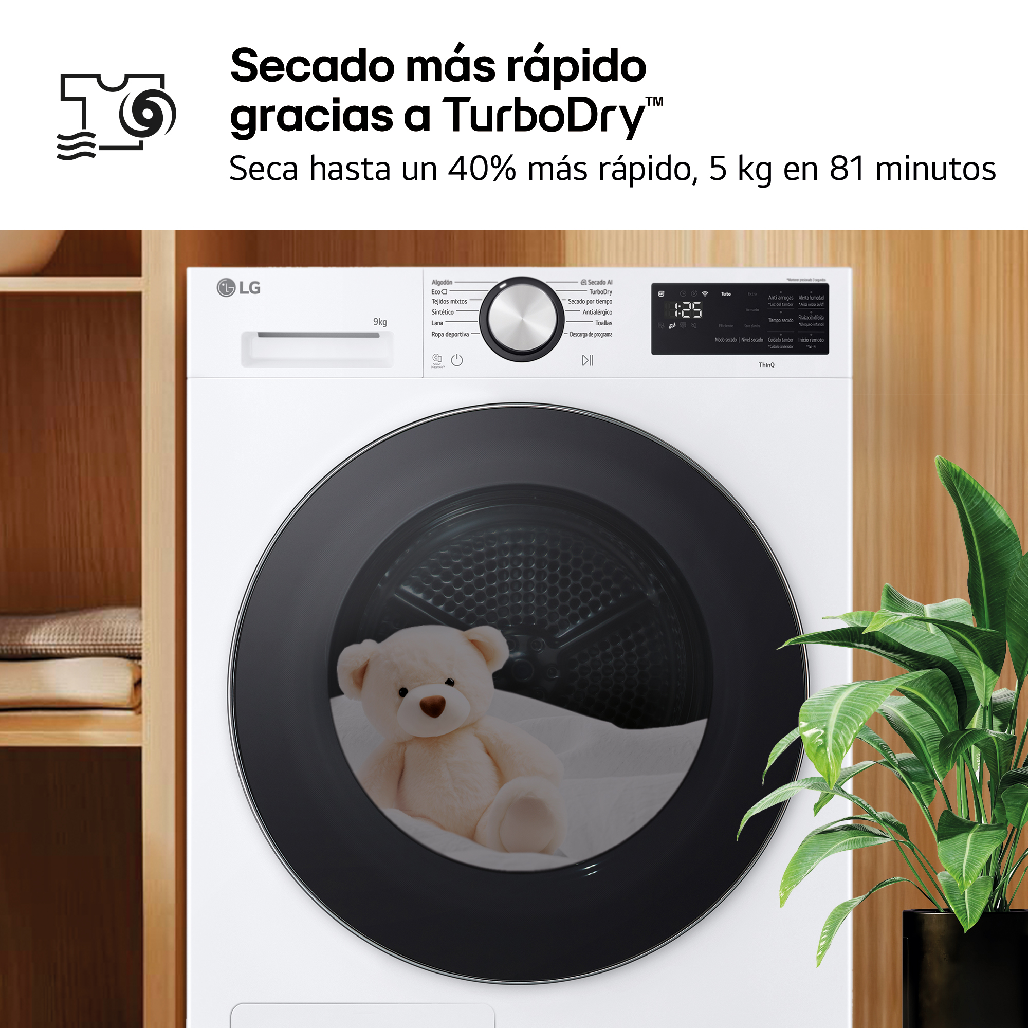 Secado más rápido gracias a TurboDry™. Seca hasta un 40% más rápido, 5 kg en 81 minutos
