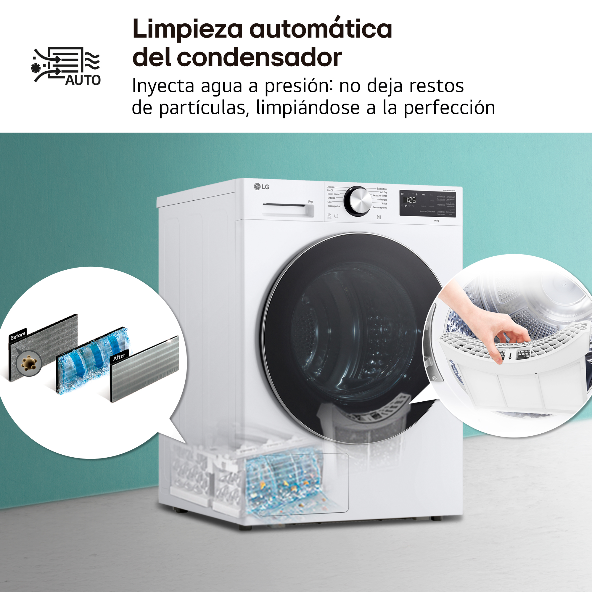 Limpieza automática del condensador. Inyecta agua a presión: no deja restos de partículas, limpiándose a la perfección
