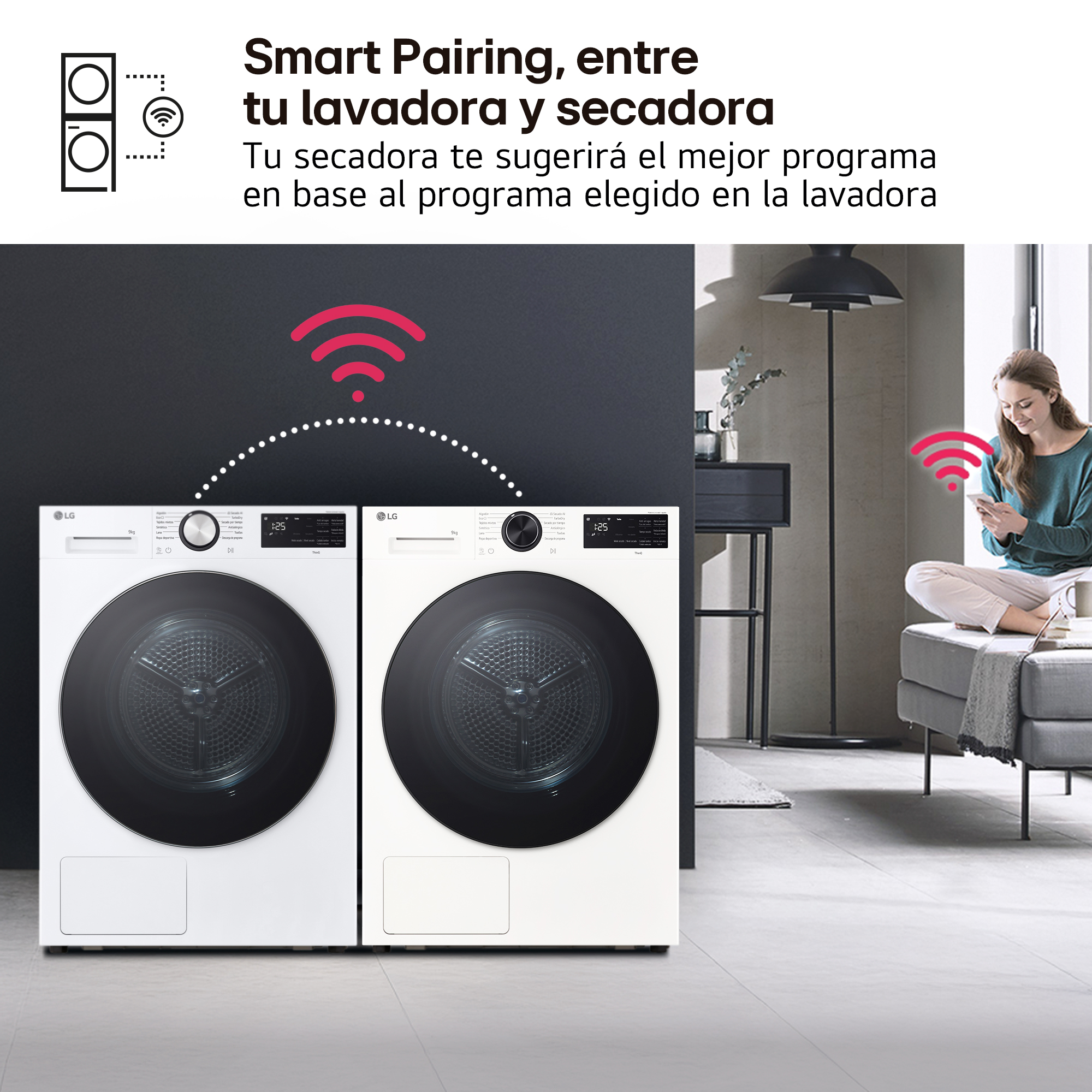 Smart Pairing, entre tu lavadora y secadora. Tu secadora te sugerirá el mejor programa en base al programa elegido en la lavadora