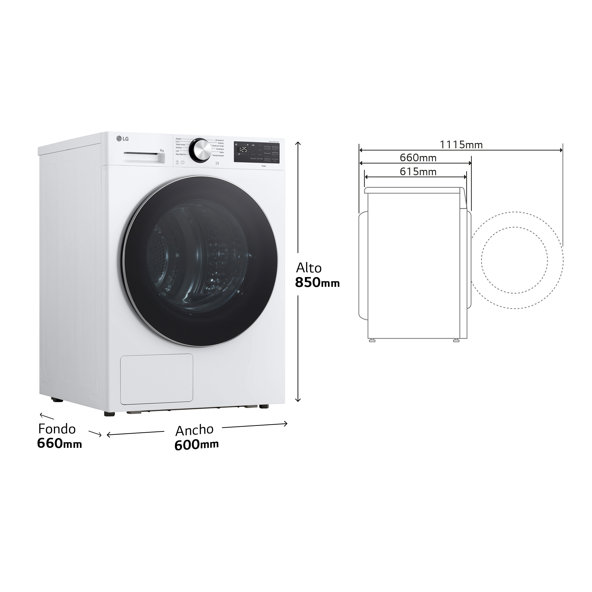 Lavadora LG blanca con puerta y panel de control negros. Se proporcionan medidas.
