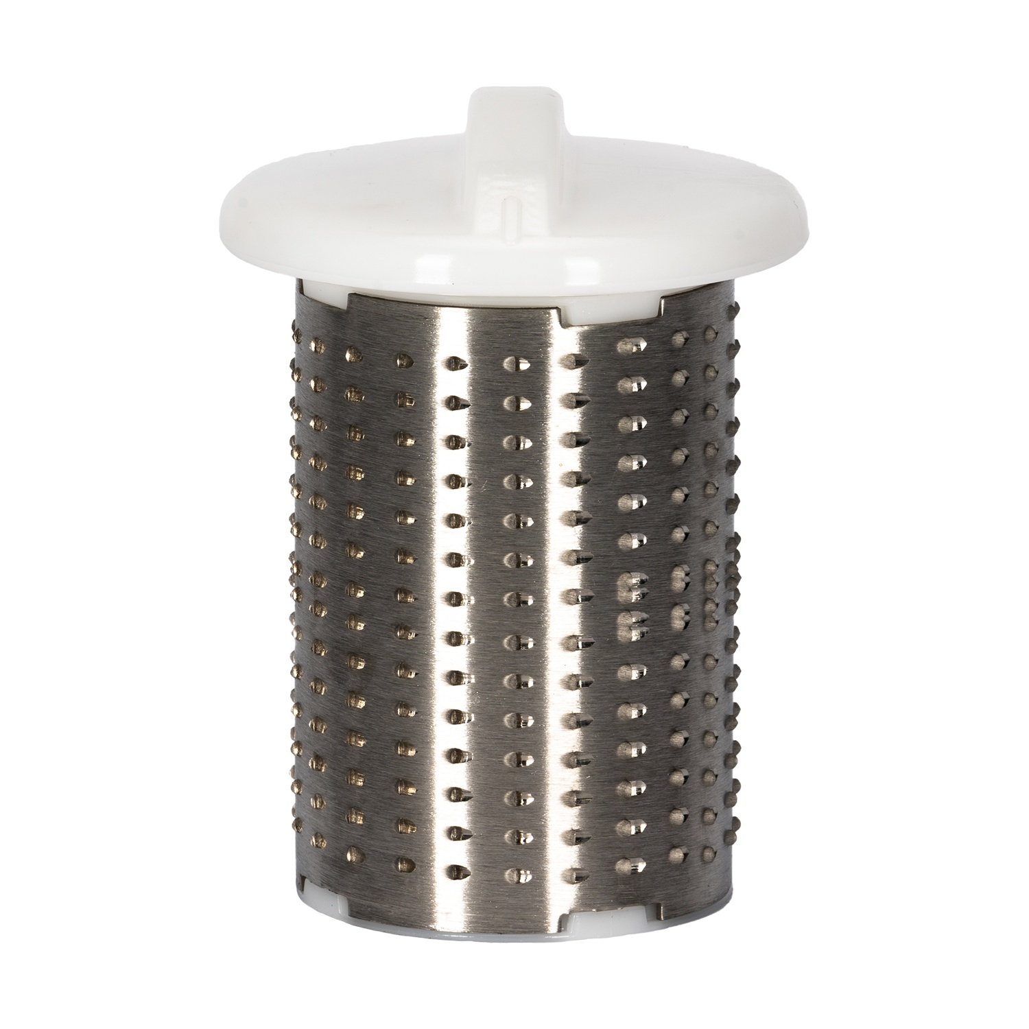 Un coperchio bianco e un cilindro metallico forato.