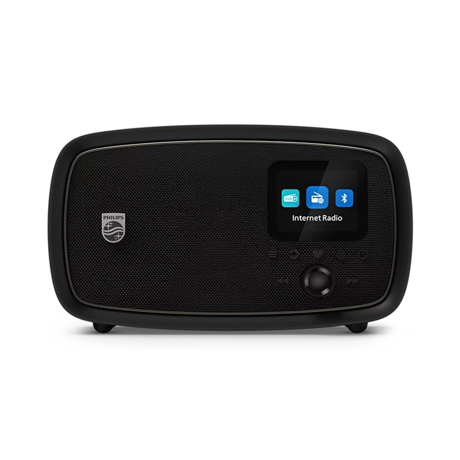 Radio Internet Philips nera con piccolo schermo e pulsanti di controllo.