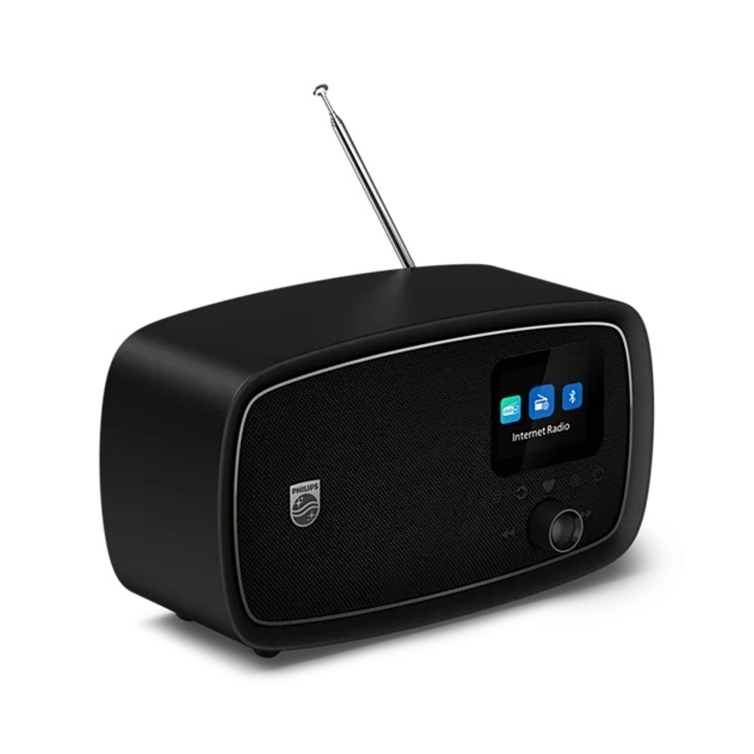Radio internet nera con antenna e display.