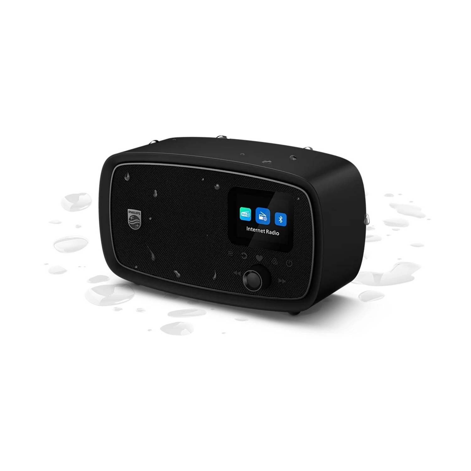 Radio internet nera con gocce d'acqua, logo Philips e schermo.