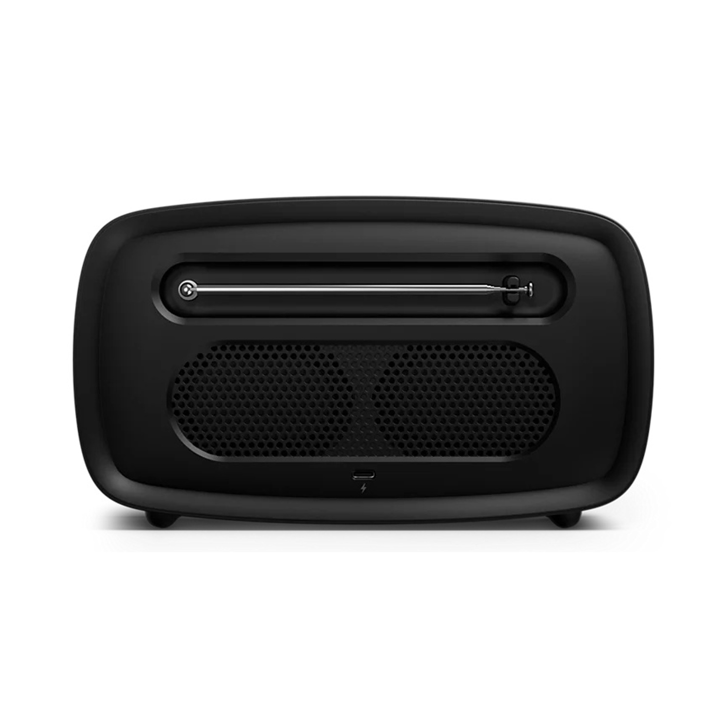 Altoparlante nero con antenna radio, porta USB e griglia altoparlante.