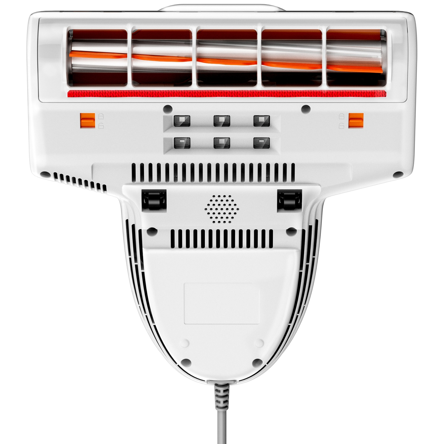 Underside of a white vacuum cleaner head with red-orange brushes and buttons.
