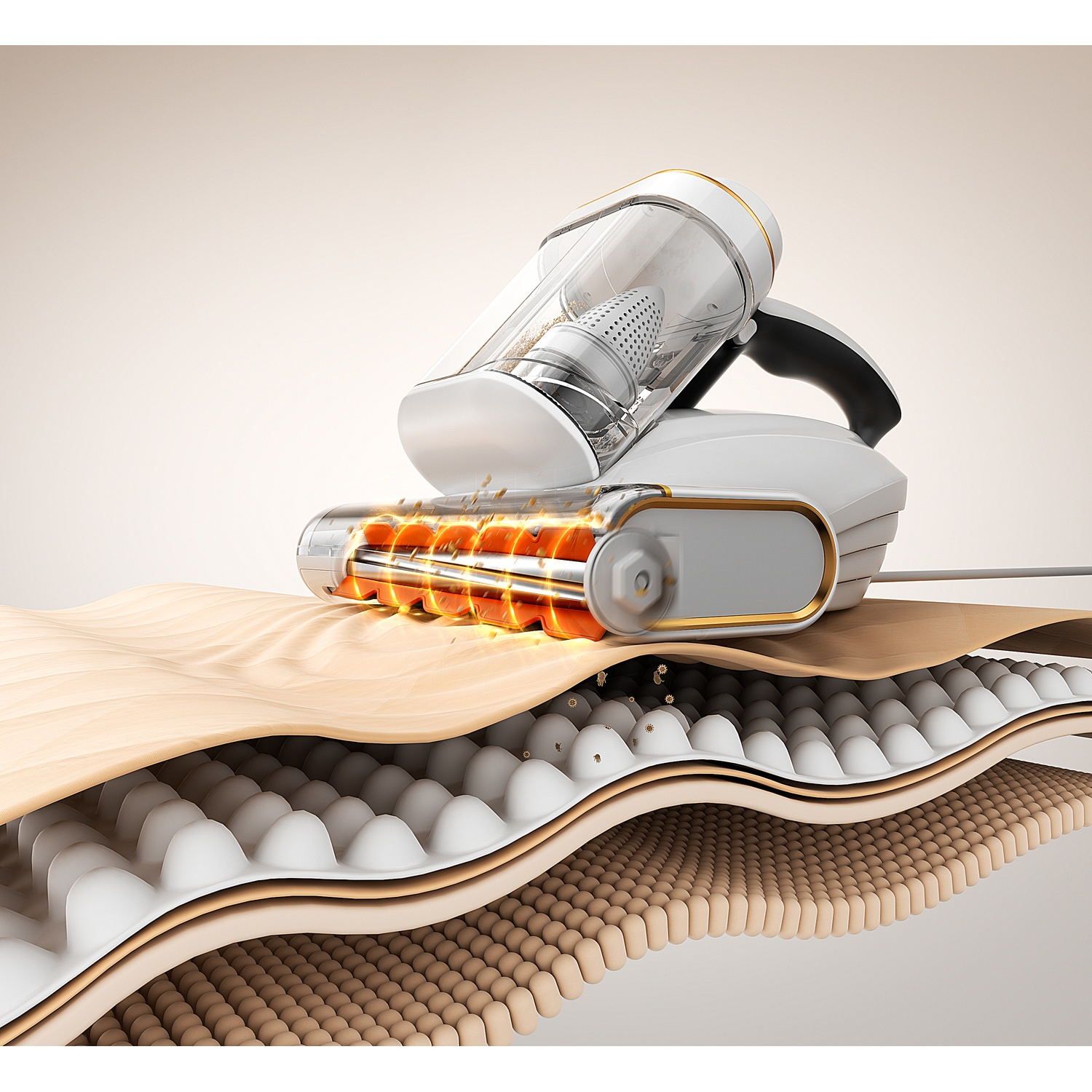 A white vacuum cleaner with gold accents hovers over fabric layers.