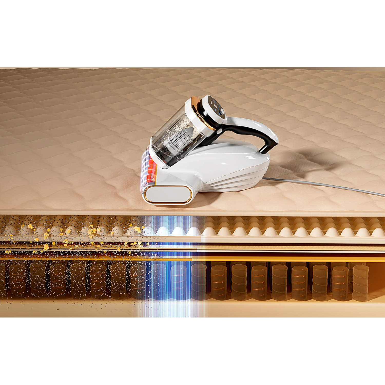 White handheld vacuum cleaner on beige quilted mattress with cutaway showing springs.