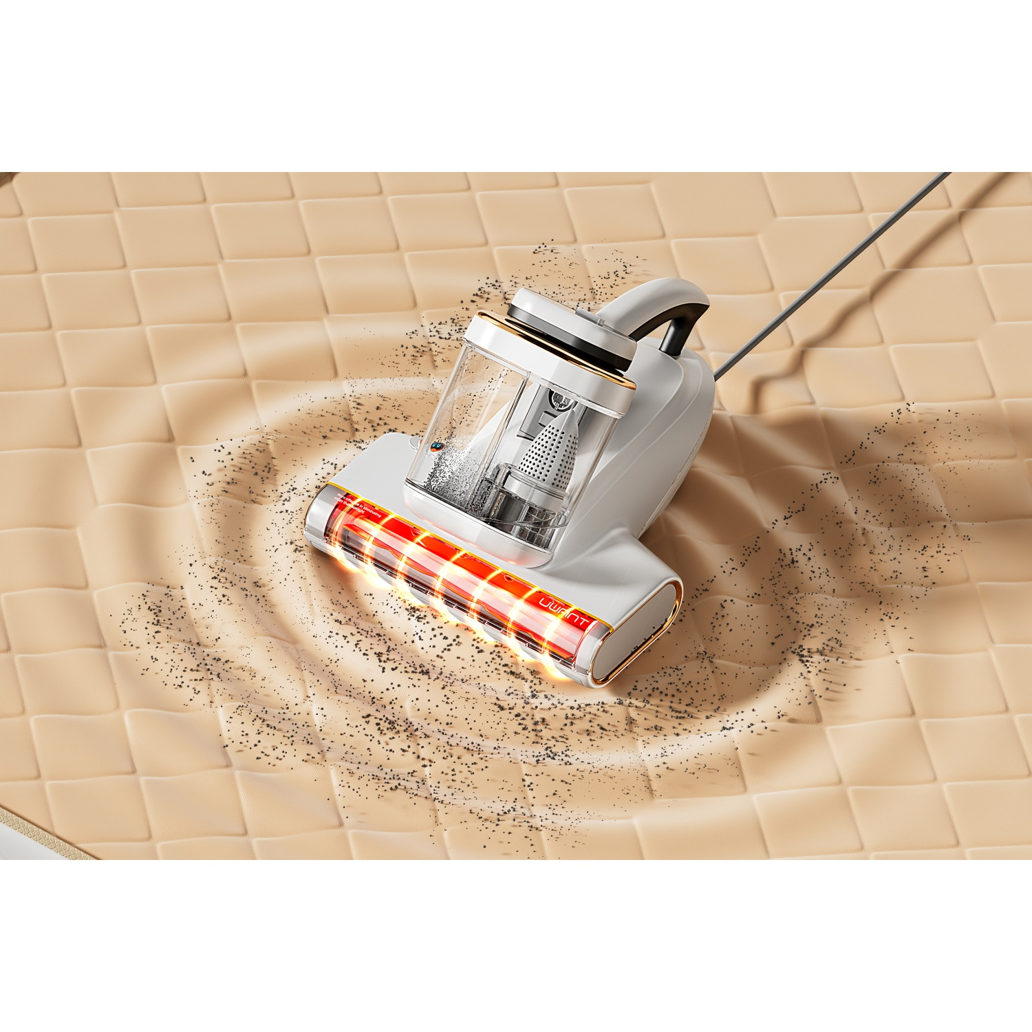 A white vacuum cleaner sucks up dark dust from a light beige surface.