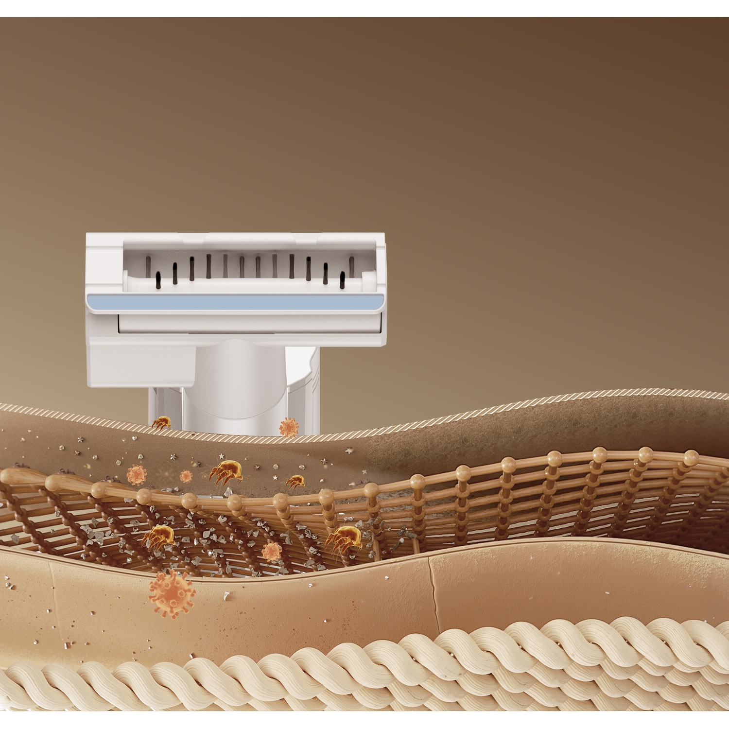 A white razor is superimposed over a microscopic view of skin layers and viruses.