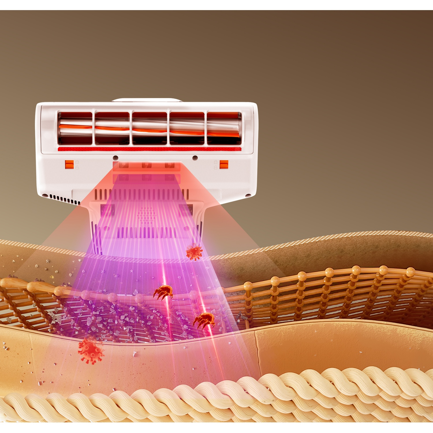 A white device with orange rollers emits purple light onto dust mites and viruses on fabric.