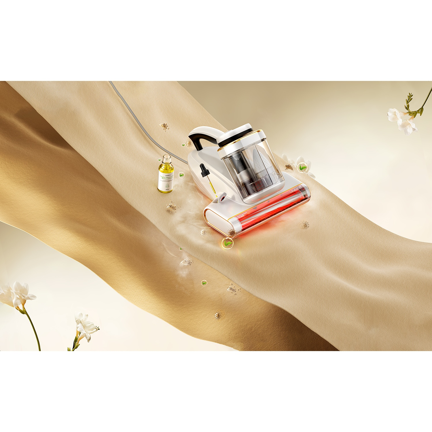 A white vacuum cleaner cleans a beige fabric. Oil bottle nearby.