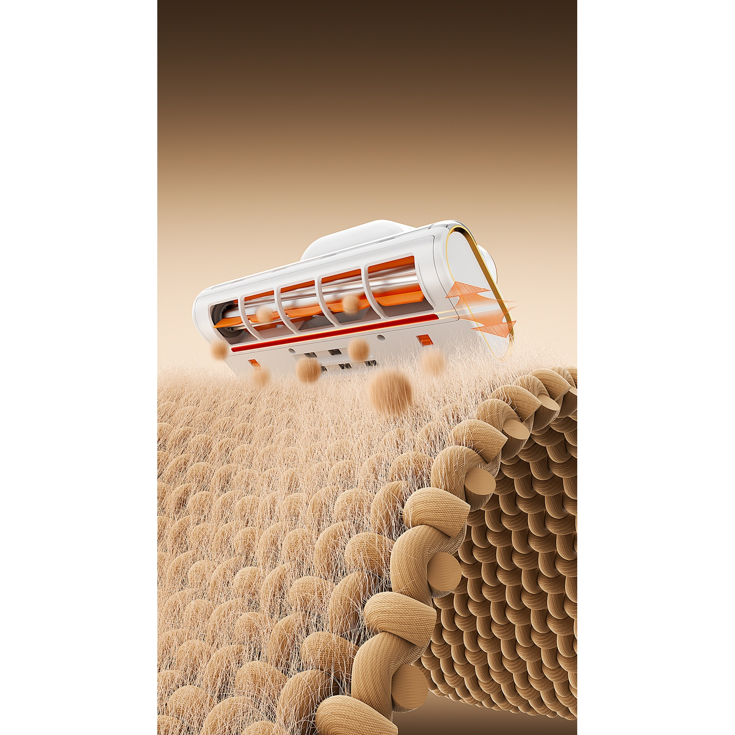 A white device with orange accents sucks dust from a beige fabric.