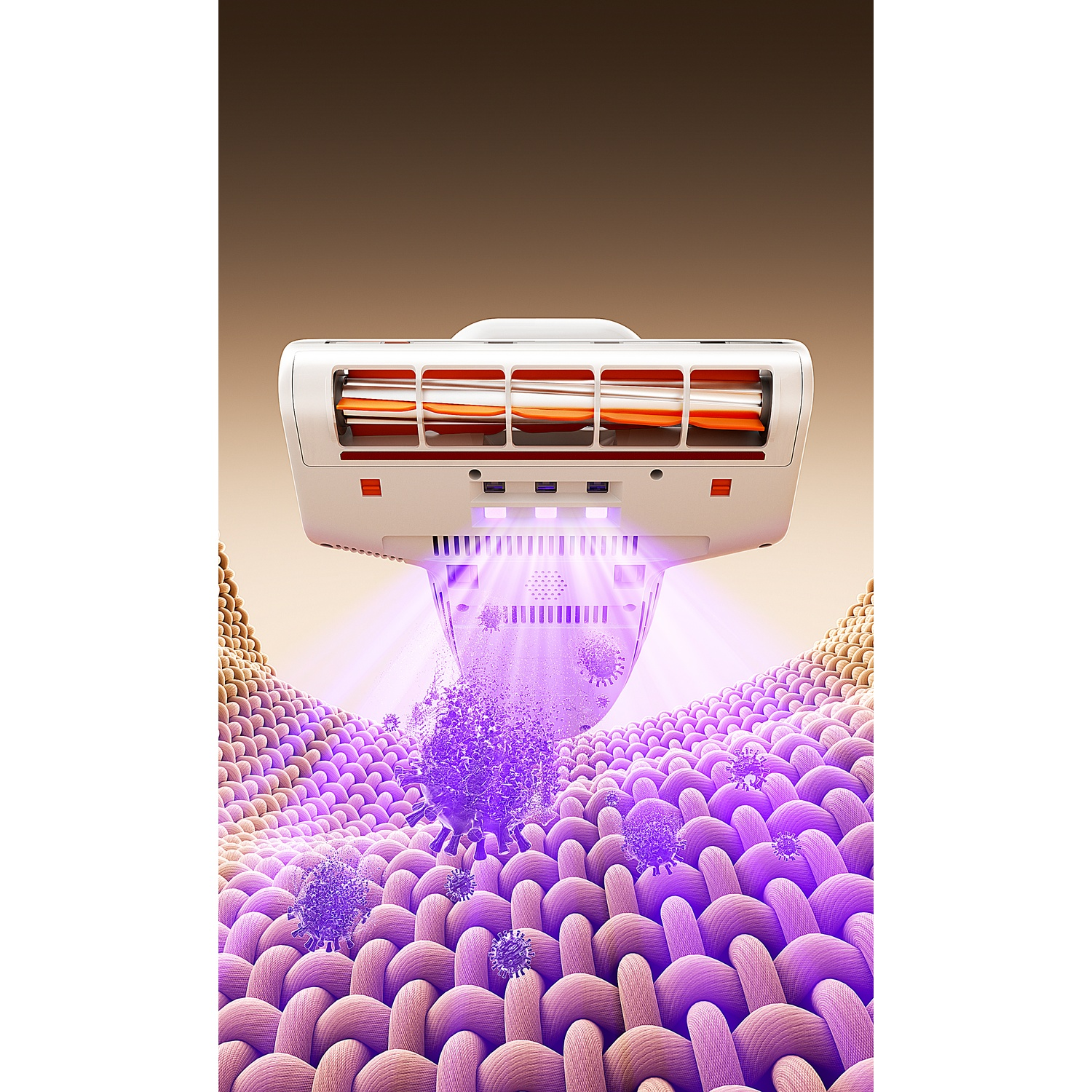 A white device with orange rollers emits UV light, targeting viruses on purple fabric.