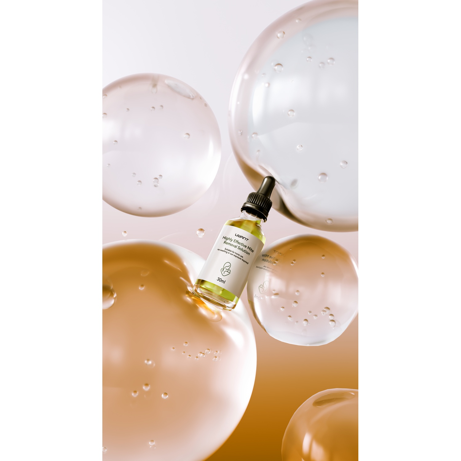 A green bottle with a dropper floats among translucent spheres.
