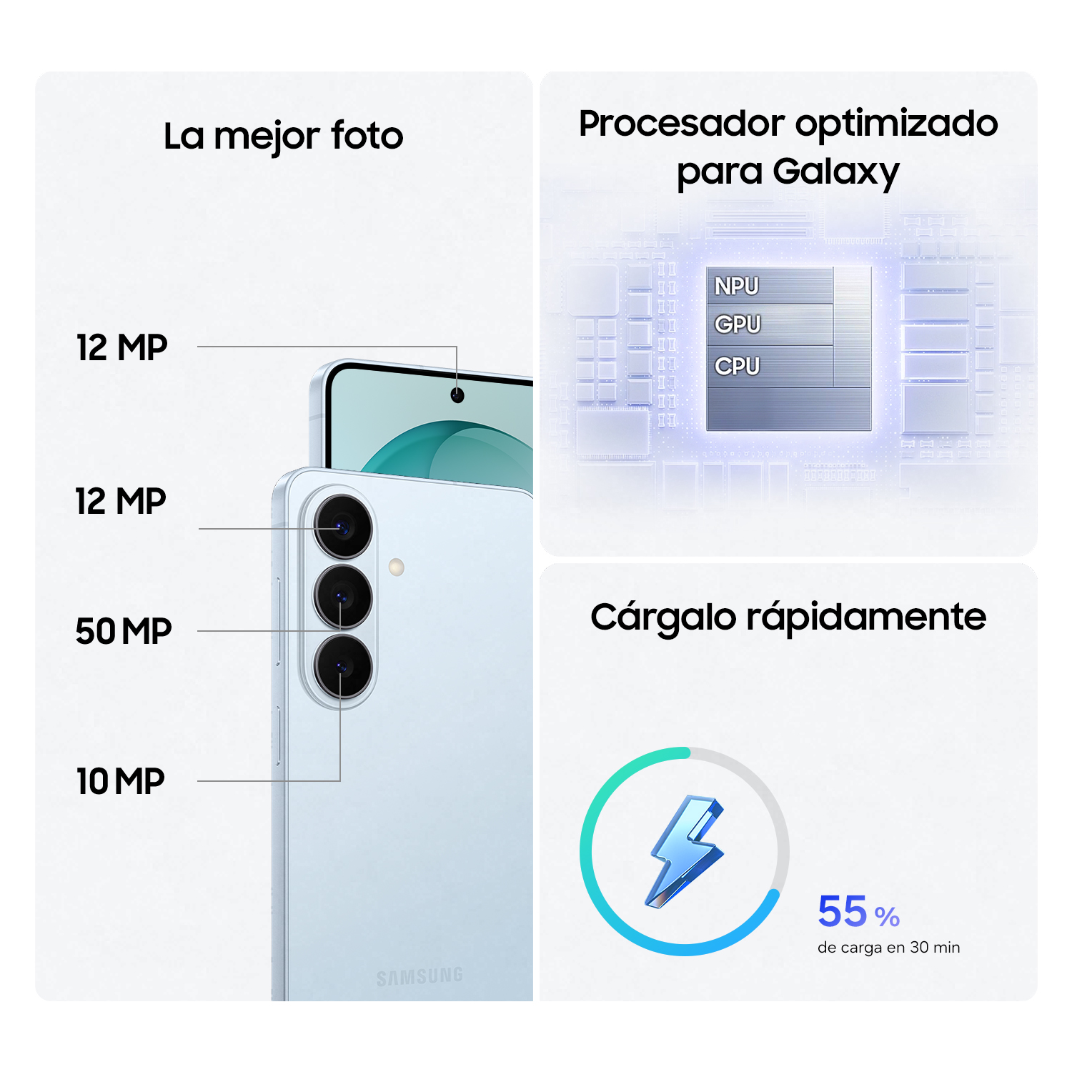 La mejor foto 12 MP, 12 MP, 50 MP, 10 MP. Procesador optimizado para Galaxy. Cárgalo rápidamente 55% de carga en 30 min